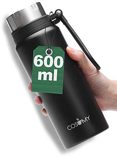 Cosumy Bottiglia Termica Nera in Acciaio inox - 630 ml - Bevande Calde e Fredde - Borraccia Thermos per Scuola, Palestra, Sport