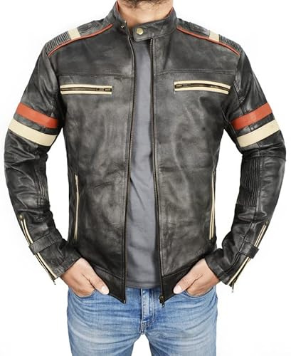 LP-FACON Chaqueta de Cuero Vintage Cafe Racer Retro para Motociclista desgastada para Hombre, Chaqueta de Cuero para Hombre, Chaqueta de Cuero para Motocicleta, Hombre, Retro 2 Piel sintética