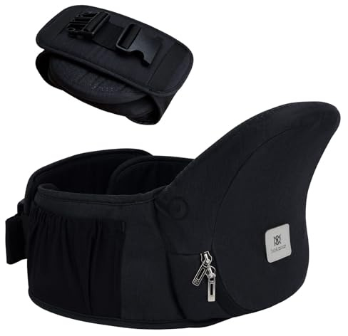 Bebamour Höftstol bärsele 0-36 månader, lätt, justerbar ryggstödande midjepall, 3 i 1 bärsele Nyfödd till småbarnsstol(New Black)