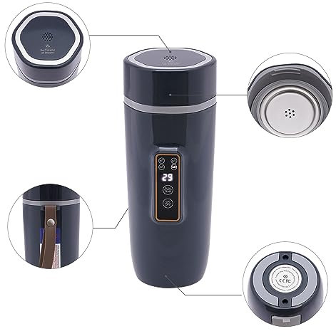 Tragbarer Wasserkocher 350ml - Edelstahl 304 mit 4-Temperatur-Stufen (45-100°C) & 12h Haltefunktion - 300W Reisekocher für Tee/Kaffee (BPA-frei, Schwarz)