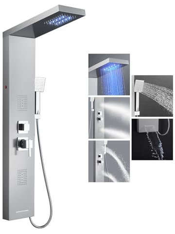 KEOKBON LED Duschpaneel Edelstahl mit Armatur 5 Wasserausgabemodi, Regendusche Rückenmassage（Massagedusche und Nebeldusche） Wanneneinlauf Handbrause, Duschpaneele Duschsystem paneel Badezimmer
