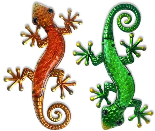 HONGLAND Gecko Ornaments Outdoor Metal Gecko Wall Art- 15 Inch Lizard Outdoor Decor Hanging Glass Sculpture, 2 Pack Gecko Wall Art Decorations for Garden Fence Home (Green&Orange)