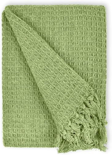 Sage Green Chair Cotton Throw for Sofa & Bed - Soft Waffle Blanket, Large Chair Bedspread, Cotton Sofa Throw
