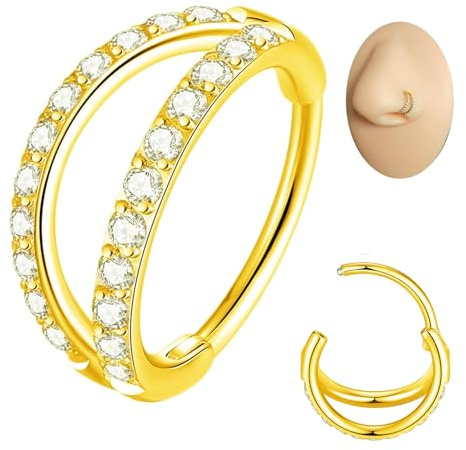 Popuhoops Aro de nariz de acero quirúrgico 316L de doble apertura con circonita cúbica, para cartílago de caracola, cartílago, daith, tragus, segmento con bisagras, piercing de fosa nasal, piercing