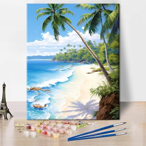 TISHIRON Pintura por números para adultos para relajarse, playa de palmeras en Brasil, 40 x 50 cm, diseño tropical, kit de pintura al óleo sobre lienzo para regalo en casa (sin marco)