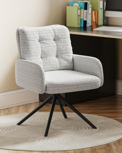 Armchair Tub Chair, Chenille Padded Ergonomic Swivel Vanity Chair Bedroom | Upholstered Desk Chairs with Double Cushions and Metal Frame Legs, Non-Slip Feet for Dressing Table, Home Office, Grey