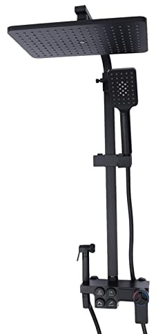 Sistema de ducha de lluvia, pantalla LED, termostato, juego de ducha, pistola de pulverización de alta presión, altura ajustable 80-120 cm, cuatro tipos de cabezales de ducha, tres modos de chorro de