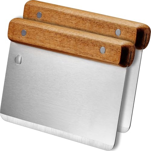 LEOUEANR 2Pcs Dough Scraper with Wooden Handle, Dough Card for Bread, Pizza, Pastry and Vegetables - Multipurpose Dough Knife for Effortless Portioning, Cutting, Scraping