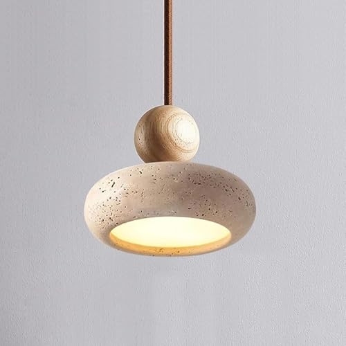 Natural Travertine Pendant Light – LED Ceiling Light with Adjustable Height, Hanging Lamp for Bedroom, Kitchen Island, Dining Room & Living Room (Wood,One Size)