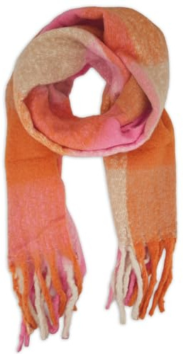 styleBREAKER Damen Webschal mit Karo Muster | Langer Schal mit dicken, langen Fransen | weicher Winter Strickschal warmes Material Stola, Farbe:Rosa-Orange-Hellbraun