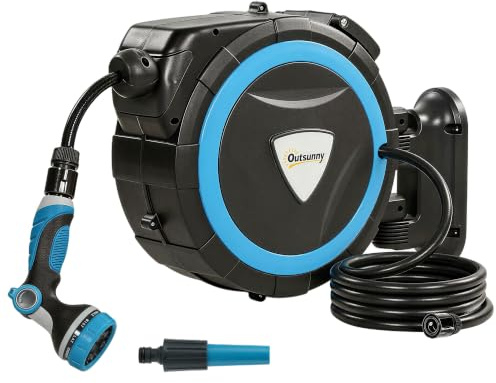 Outsunny Enrouleur Tuyau Arrosage Mural Automatique 15,5m 10+2 Modes Bleu | Pistolet d'Arrosage 10+2 Modes, Solution d'Irrigation Rétractable et Flexible, Jardin, Nettoyage Voiture