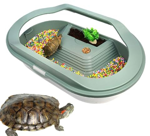 Sköldpaddsbassäng – 13,98 tum reptil vivarium | akvarium livsrum, kärrsköldpadda inhägnad, transparent lock, solscen, eremitkräftor, gecko, golv, dräneringsdesign, underhållsverktyg
