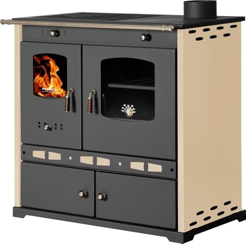 Prometey, forno a legna Perfect Eco Lux 7,5 kW con forno e piano cottura in ghisa a destra, classe energetica A Plus, riscaldamento multifunzione