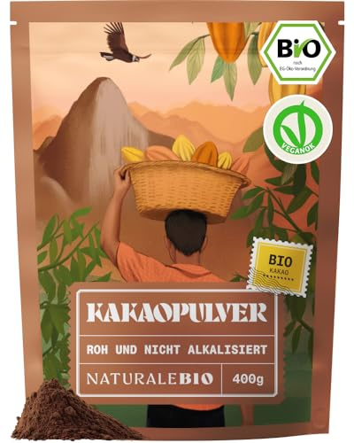 NaturaleBio Cacao Biologico in Polvere 400g. Naturale e Puro da Fave Crude. Non Zuccherato. Prodotto dalla pianta Theobroma Cacao. Lavorato a Basse Temperature. Testato per Metalli Pesanti
