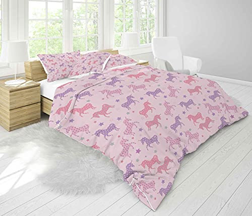 Edredón reversible de unicornio para cama King Pink Purle Unicorn Silhouettes para niñas y niñas, diseño de estrellas, juego de edredón acolchado de 3 piezas, 1 edredón + 2 fundas de almohada
