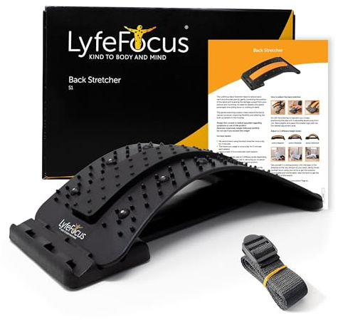 LyfeFocus Back Stretcher & Acupressure Massager for Back & Neck Pain - Comfortable Adjustable Spine Stretcher Posture Corrector - Spine Board Lumbar Support - Magnetic Therapy & Chair Strap (Black)