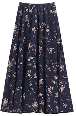Mujer Lino Algodón Floral Maxifalda Falda Larga con Bolsillos Laterales Cintura Elástica Falda de Lino Boheme Retro Vintage Longitud 90cm - Falda Azul Oscuro con Flores Blanco Estampadas C108