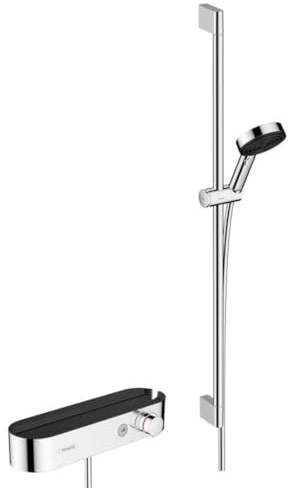 hansgrohe Pulsify Select S - Duschset mit Thermostat, Duschkopf, Brausestange 90cm, Schlauch und Halterung, Handbrause mit 1 Strahlart, Chrom