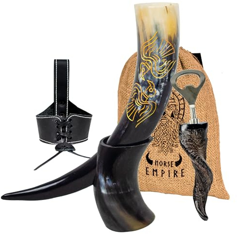 NORSE EMPIRE Viking Drinking Horn with Stand, Leather Holster, Bottle Opener, Food Grade Natural Shine Beer Presents for Men and Women, Home Accents, Mediaeval Stein for Whisky, Mead and Ale | RAVEN…
