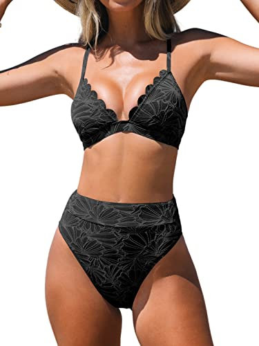 CUPSHE Damen Bikini Set Triangel Wellenkanten High Waist Bademode Jacquard Blumenmuster Zweiteiliger Badeanzug Swimsuit Schwarz S