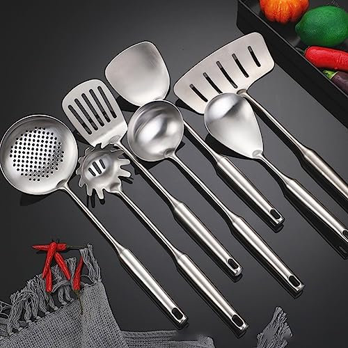 DAZZLEEX Utensilios de cocina de acero inoxidable 304, mango largo, espátula de wok, cuchara de pala, utensilios antiadherentes, accesorios de cocina (espátula para freír)