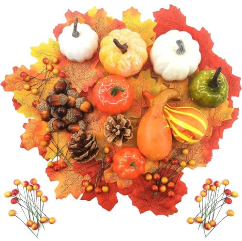 ZOOMPIL 120 Stück Künstliche Kürbisse Set, Künstlicher Kürbis Tischdekoration, Seidenahornblatt Eicheln Tannenzapfen Kürbis, für Thanksgiving-Halloween-Party-Dekoration