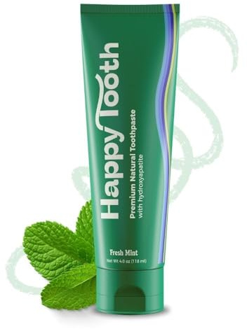 Happy Tooth Hydroxyapatite Toothpaste, Fluoride Free, Natural Whitening for Kids, Toddlers and Adults, SLS Free, Enamel Safe, Dentist Formulated with Clean Ingredients, Fresh Mint Flavor, 4.0 oz