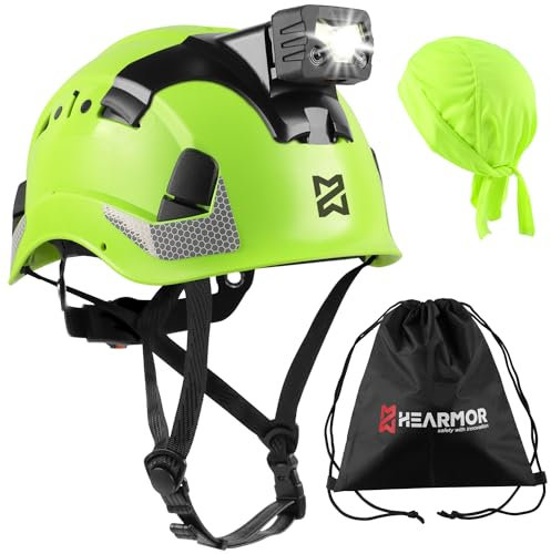 HEARMOR Höhenarbeiten Industriehelm Erwachsene Bauhelm LED-Kopflampe inklusive ABS Schutzhelm Zertifizierung EN12492 Bestanden EN397 Stoßdämpfung und Eindringfestigkeit Test