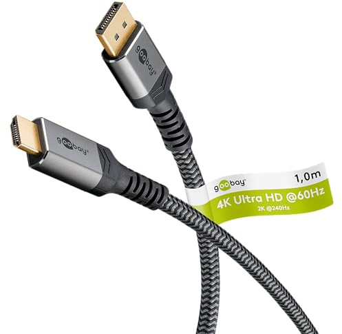 goobay 65268 DisplayPort 1.2 till HDMI 2.0/upplösningar på upp till 4K @ 50/60 Hz/dataöverföringshastighet på 18 Gbit/s/kabel är riktningsbunden/guldpläterade kontakter förhindrar korrosion/grå/1 m
