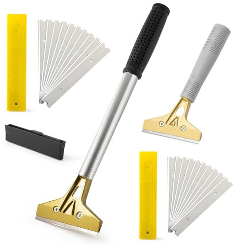 WIYETY 2 Stück Tapetenentferner Set: Tapetenentfernerset mit 20 Ersatzklingen, Tapetenschaber mit langem Gummigriff + Fensterschaber mit einziehbarem Griff von Kleber Klebereste Farbe, 4 Zoll