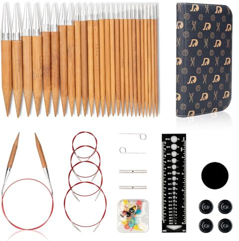 RUIDI Rundstricknadeln Set, Rundstricknadeln Set Austauschbar mit Tasche & Zubehör, 13 Paare Rundstricknadel-Set (10cm) in Größen von 2,75 mm bis 10 mm (Bambus)