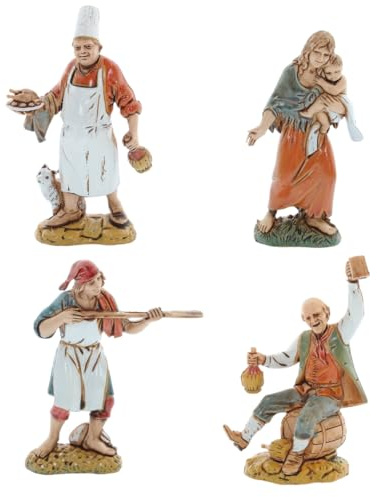 Moranduzzo Set 4 Pastori Napoletani H Medio 9 cm per Presepe da 10 cm – Scala 1:20 – STANDARD 10 – Statuine Indistruttibili, Stile '700, Rifinite a Mano, Scultore M. Landi