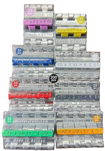AF® - 200 Münzhülsen mannigfach | 25 Münzrollen für 2 euro, 1 euro, 50cent, 20cent, 10cent, 5 2 und 1 cent, 25 Münzrollen Kunststoff x 8 Münzen