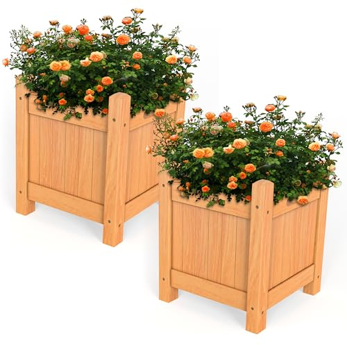 Vivo Technologies Set of 2 Square Wooden Planters Outdoor Garden Planter Box Planting Raise Bed Plants Flowers Plant Pot Natural Long Wood Pot,30x30x38 cm, Natural