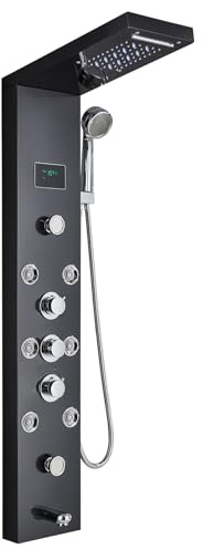Saeuwtowy Panel de ducha de acero inoxidable con chorro de masaje y ducha de mano, color negro, 5 funciones, sistema de ducha, indicador de temperatura, columna de ducha