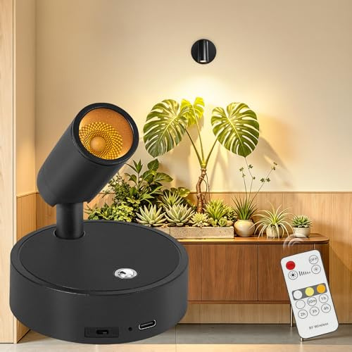 Dehobo Aplique Pared Interior Regulable, Lampara Pared sin Cable con Control Remoto - 3 Modos de Luz Foco LED con Ajuste de Brillo Ajuste Ángulo 350° para Plantas, Pintura y Obras de Arte, 1 Unidad