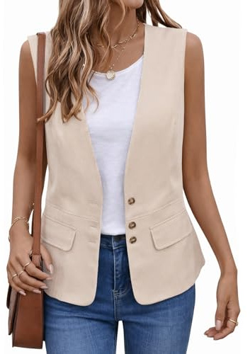 Mina Self Linen Vest Tops For Women Sleeveless 2026 Summer Lightweight Beige Business Casual Women's Outerwear Work Office Cute Fashion Trendy Women's Jackets Waistcoat YR016 Beige L