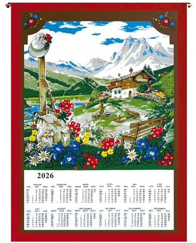 ggm Calendario in tessuto 2026 Almhütte, 45 x 65 cm, calendario da parete in cotone, calendario annuale sostenibile, decorazione da parete, poster in tessuto per cucina o ufficio, diversi orientamenti