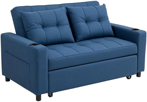 HOMCOM 3-in-1 2 Seater Sofa Bed, Convertible Sleeper Sofa with Adjustable Backrest, Fabric Pull Out Loveseat Bed with 2 Pillows, Side Pockets and Cup Holders for Living Room, Bedroom, Dark Blue
