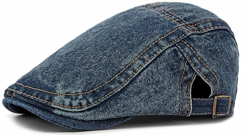 LXOrdora Men Denim Newsboy Flat Cap Ivy Driving Gatsby Cabbie Hat A Dark Blue