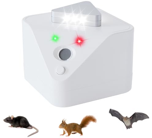 Ultrasónico para Ratas, Ahuyentador de Ratas 360° Ahuyentador de Topos con Luz LED Repelente Ultrasónico de Plagas,Amplia Gama de Frecuencias,para Casa, Sótano, Granero (Blanco)