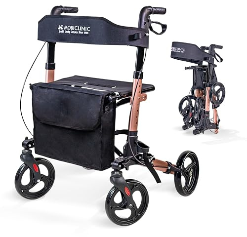 Mobiclinic®, Deambulatore Pieghevole, Seduta e Schienale, Fino a 136 kg, Oro Rosa, Altezza Regolabile, Cestino Portaoggetti, Porta Bastone, Freni e Blocco di Sicurezza, Alluminio, Trajano