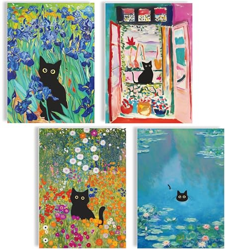Katzen Poster Set 4er Set Wandbilder bunte Kunst A4 Kunstdrucke mit schwarzer Katze Blumen und Landschaft Wanddeko Wohnzimmer Schlafzimmer Café Deko