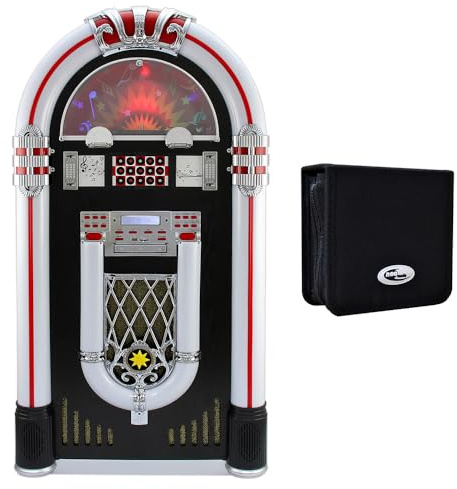 Jukebox Vinyl Record Player & Sound System with LED Lights, USB, AUX & 48 CD Carry Case – Retro Music Station for CDs & LPs Gift Set Bundle
