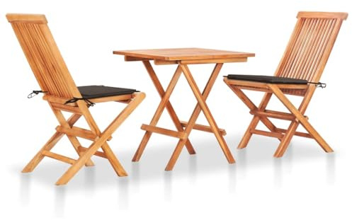 Qnhdfrt Set da bistrò in legno di teak massiccio, set di mobili da giardino pieghevoli con cuscino tortora, mobili da balcone per terrazza e giardino, include tavolo e 2 sedie