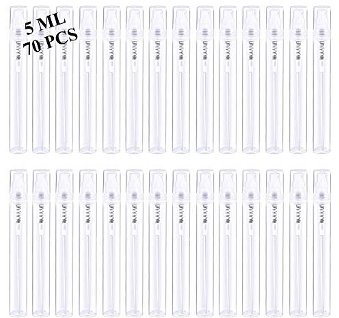 Csdtylh Mini sprayflaskor 70 st 5 ml påfyllningsbara tomma genomskinliga plastsprayflaskor parfym munskölj atomizer liten resestorlek aerosol sprayflaska för rengöring, eteriska oljor, handsprit,