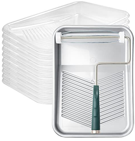 Mister Rui Farbwanne, 22,9 cm, Farbwanneneinlagen, 10 Stück, Farbrollerablage, Einweg-Farbwanne, mit 5-Drahtkäfig-Rollrahmen, für 22,9 cm Farbrollen, silberfarbene Kunststoff-Farbwanne, groß