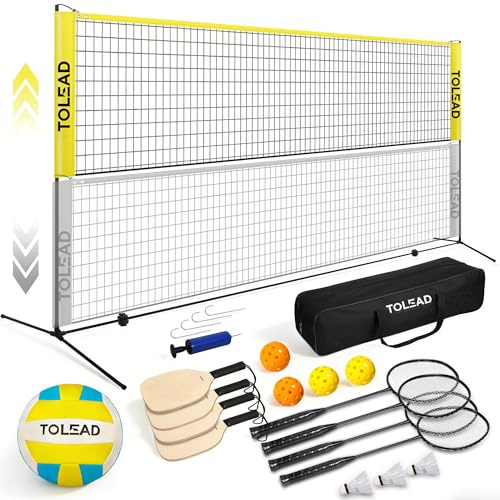 TOLEAD All-in-One Pickleball & Badminton Net Set, Portable Volleyball Net Set (17ft Wide x 3-5ft Height) for Backyard,Outdoor Sports Game Set w/Volleyball Pickleball Paddles & Badminton Rackets