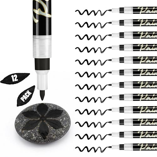 Stylo Black Acrylic Paint Pens, 12 Black Pens for Rock Art, Fine Tip