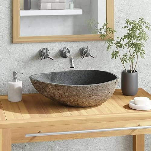 Homgoday Aufsatzwaschbecken, Stein-Hängewaschbecken mit Ablauföffnung, Anthrazit, Waschbecken, oval, Arbeitsplatte, innen gut poliert, Badezimmer, Flussstein, 37-46 cm